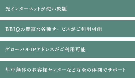 光インターネットが使い放題。BBIQの豊富な各種サービスがご利用可能。グローバルIPアドレスがご利用可能。年中無休のお客様センターなど万全の体制でサポート